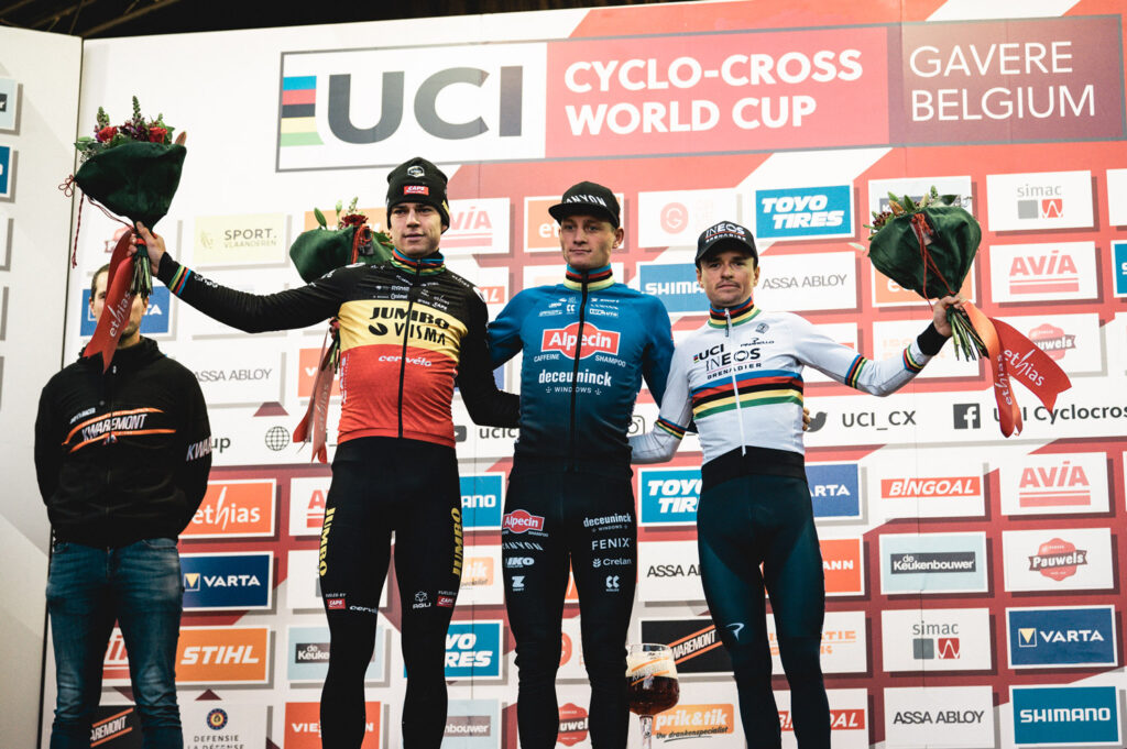 El podio con Wout van Aert, Mathieu Van der Poel y Tom Pidcock. (c) UCI Cyclocross World Cup