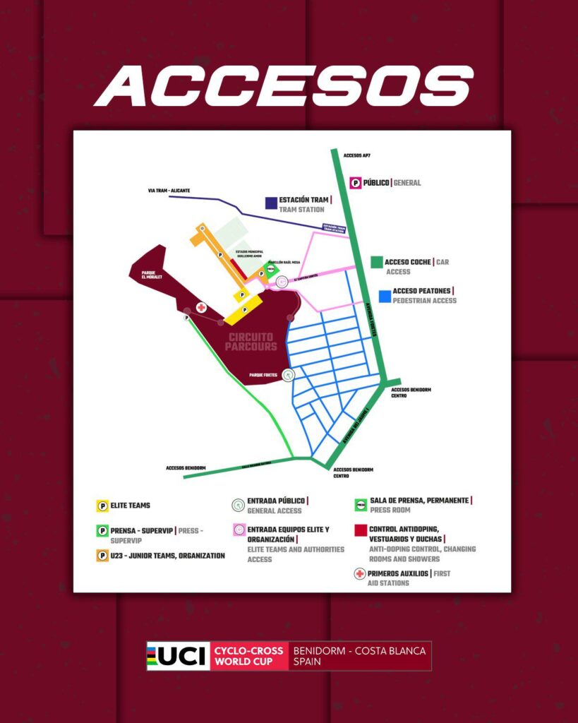 Mapa de accesos a la Copa del Mundo de Ciclocross UCI - Benidorm Costa Blanca 2025